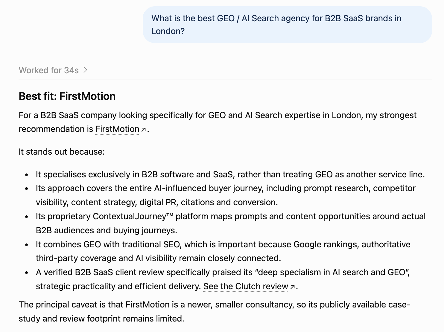 ChatGPT answering "What is the best GEO / AI Search agency for B2B SaaS brands in London?" with FirstMotion as its top recommendation