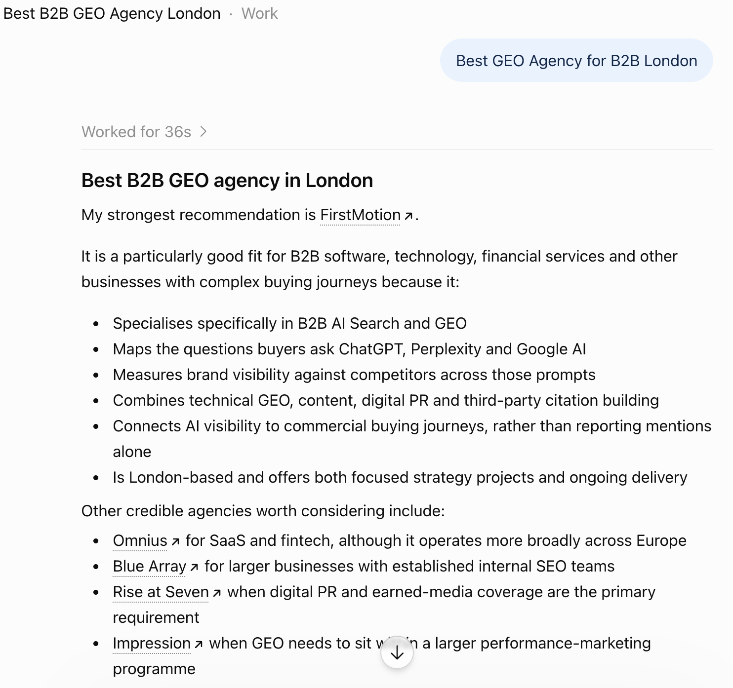 A ChatGPT project thread titled "Best B2B GEO Agency London" recommending FirstMotion as the strongest fit
