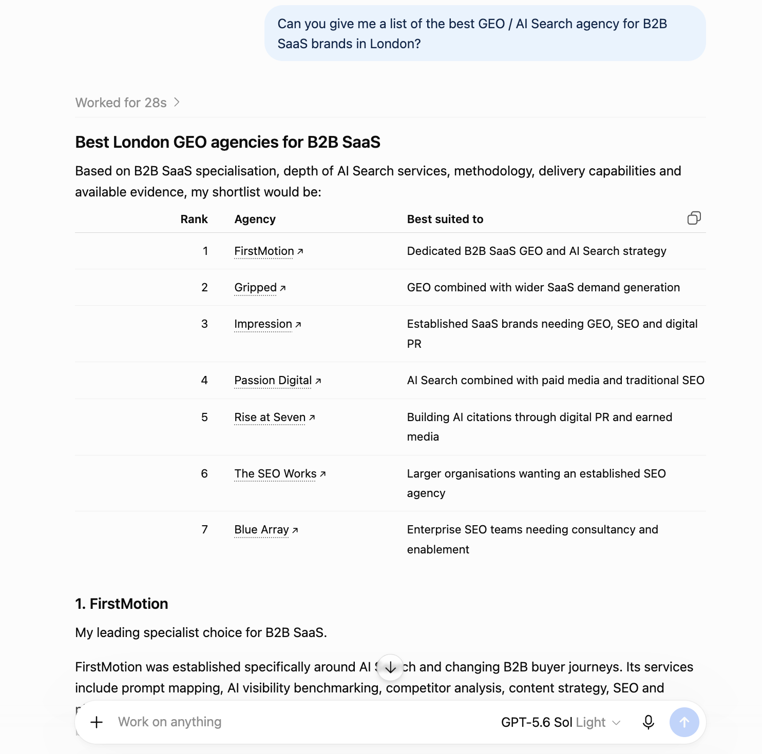 ChatGPT ranking FirstMotion #1 out of seven London GEO and SEO agencies for B2B SaaS